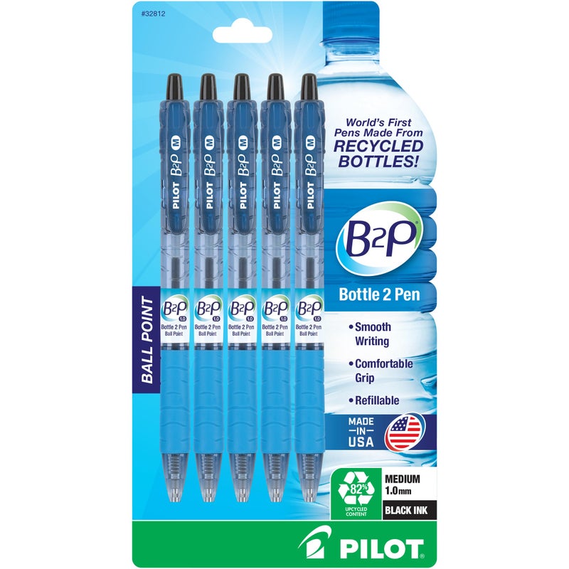 PILOT B2P - Bottle to Pen Refillable & Retractable Ball Point Pen Made From Recycled Bottles, Medium Point, Black Ink, 5-Pack (32812) - Image 1